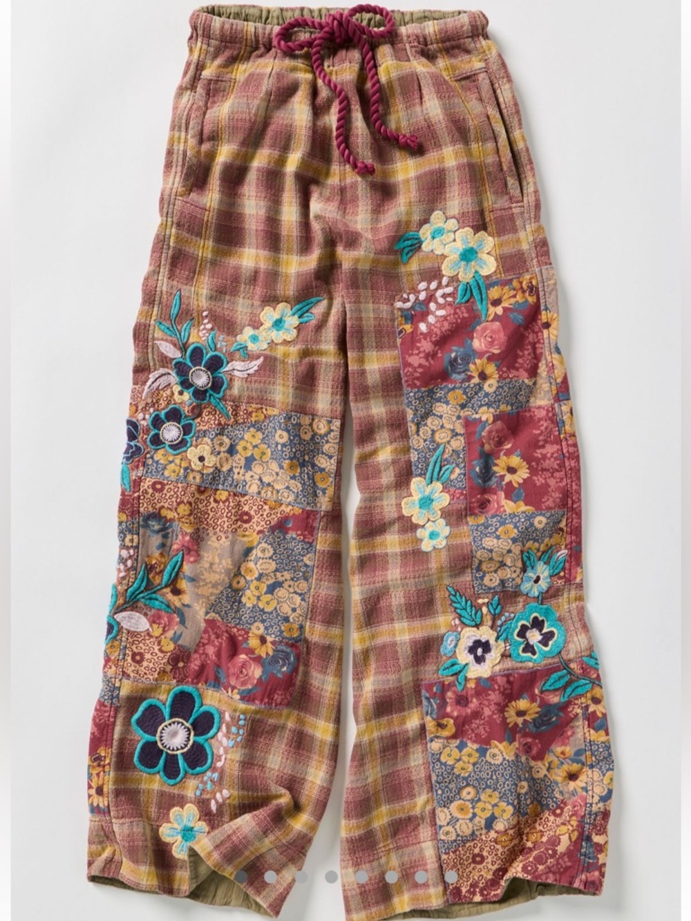 BROOKS EMBROIDERED WIDE LEG PATCHWORK PANTS